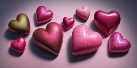 Obraz premium Colorful heart shapes in various sizes on a pink background 