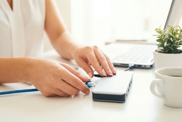Connecting a device to a hub at a desk during the day with a laptop, coffee, and a plant present on the table
