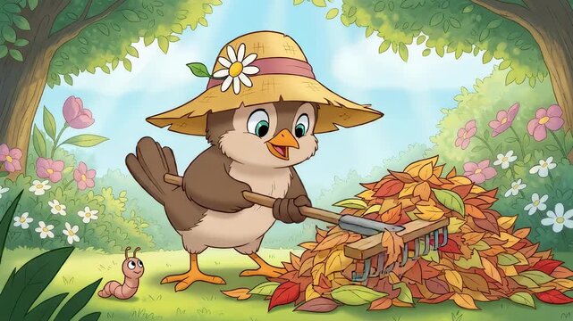 Cute owl chick raking autumn leaves into a pile in garden. Adorable bird wearing straw hat doing fall yard work, interacting with a worm.