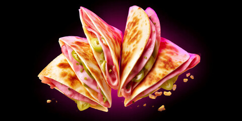 Colorful quesadillas stacked with toppings on black background  