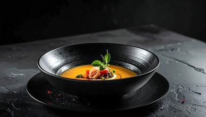 Exquisite gourmet orange soup with fresh garnishes, artfully presented in a sleek black bowl, reflecting modern culinary elegance and fine dining aesthetics on a dark background