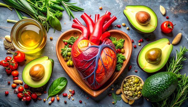 Nourishing Your Heart A Culinary Guide to Cardiovascular Health with Healthy Foods and a Realistic Human Heart Illustration
