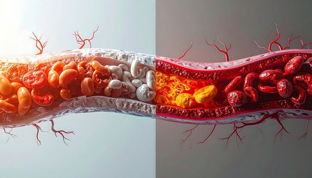Conceptual illustration Healthy blood vessel vs. artery with cholesterol plaque and blood clots, depicting cardiovascular disease and atherosclerosis impact