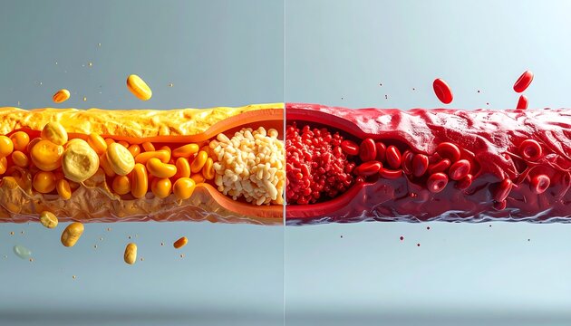 Visual representation comparing a healthy blood vessel with an artery severely diseased by cholesterol plaque and dangerous blood clots, highlighting cardiovascular health risks