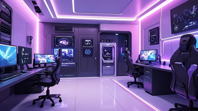 Modern gaming room setup with multiple monitors and neon lighting, creating an immersive experience.