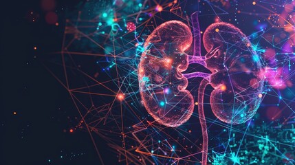 Visualization of glowing human kidneys with a complex network of luminous lines and structures. The construction of the anatomical organ of the human kidney.