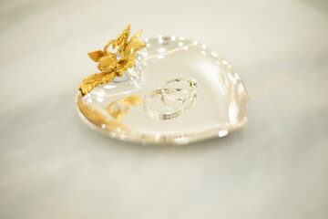 Rings on a plate. Wedding rings. The wedding ceremony in detail.