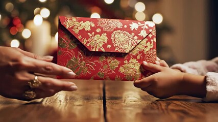Closeup of a mother giving a decorative red envelope to her child during christmas. A family holiday tradition representing generosity, love and the spirit of gift giving