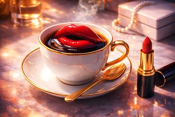 Surreal still life features hot steaming coffee with floating red lips next to bright red lipstick