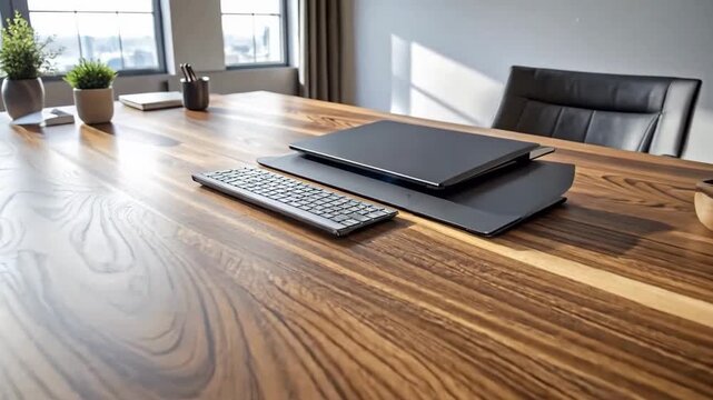 Modern office setup featuring a wooden desk, laptop, keyboard, and minimalist decor in a bright space.