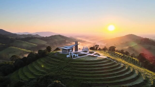 Aerial Sunrise Over Rolling Hills Near a Rwanda Memorial Site in Soft Cinematic Light
