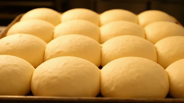 Rows of freshly baked bread rolls on a baking sheet in a kitchen