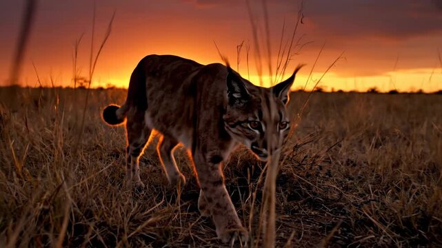 Caracal Stalking Through Savanna at Sunset