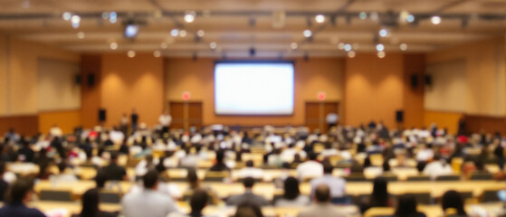 Blurred crowd attending a conference in a large hall with a screen, creating a sense of anonymity and scale in a neutral-toned environment.