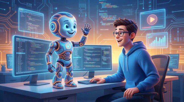 Friendly robot and programmer collaborate on coding project in futuristic office setting