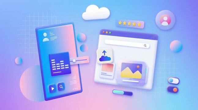 3D abstract illustration of digital interface elements and user experience design