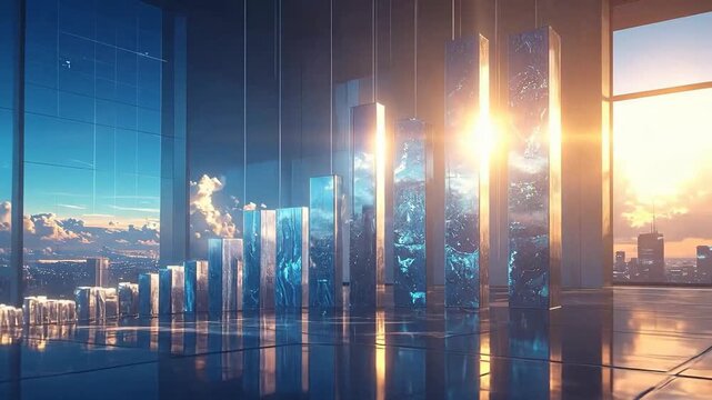 Abstract bar graph installation in a modern office with city view at sunset.