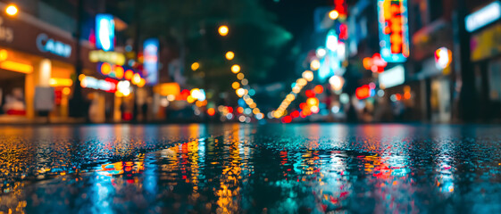 Wet city street reflecting neon lights at night, creating a vibrant and dynamic urban scene with a focus on light and reflection.