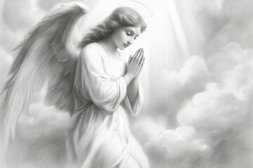 Fototapeta premium Woman Angel with Wings in Clouds Graphic in Black and White