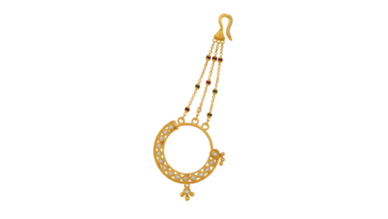 Traditional Indian Bridal Nose Ring Nath with Chains Isolated on Transparent Background PNG

