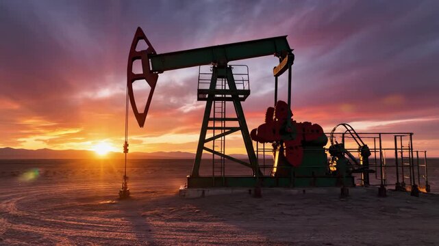 Oil pump jack working in a desert oilfield showing the extraction process. Industrial machinery silhouetted against a dramatic and beautiful sunset sky. Fossil fuel energy production concept