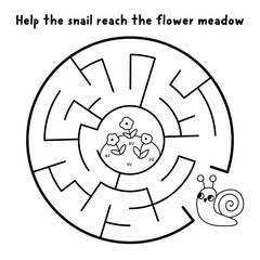 Easter village black and white round geometrical maze with snail going to flower meadow. Simple square line labyrinth game with mollusk. Spring holiday printable activity, coloring page © Lexi Claus