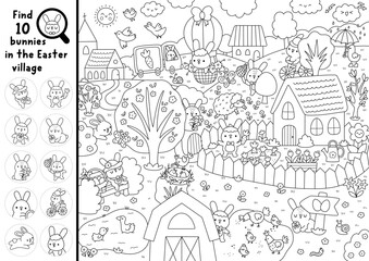 Obraz premium Vector searching black and white game with Easter village landscape. Spot hidden bunnies. Rural seek and find printable line activity for kids. Spring holiday worksheet, coloring page with church