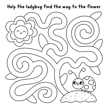 Easter village black and white maze with ladybug searching way to flower. Line simple square labyrinth game with ladybird, sunflower. Spring holiday printable activity, worksheet, coloring page
