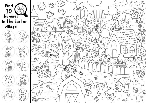 Vector searching black and white game with Easter village landscape. Spot hidden bunnies. Rural seek and find printable line activity for kids. Spring holiday worksheet, coloring page with church