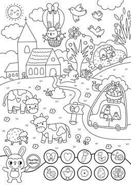 Vector searching black and white game with Easter village landscape. Spot hidden objects. Seek and find line printable activity for kids. Spring holiday coloring page with bunny, hen, church