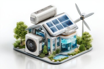 Modern eco friendly house with solar panels and wind turbine symbolizing sustainable architecture renewable energy smart efficiency and future oriented living, Generative AI