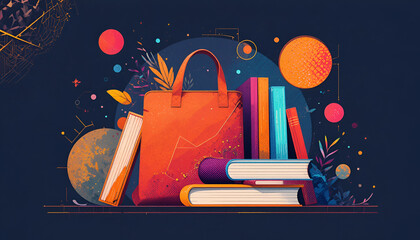 Book and bag illustration in retro colpr,