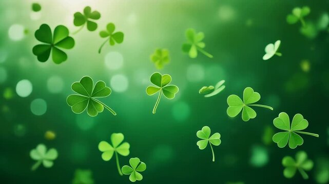 Festive saint patrick's day concept with falling shamrock leaves. Lucky three and four leaf clovers floating in the air with a magical green bokeh light effect