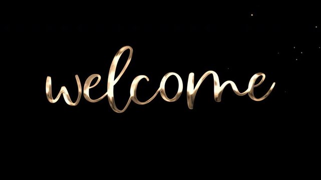 Word welcome in a golden cursive font on black. Elegant design for greeting cards, invitations, posters, and social media graphics.