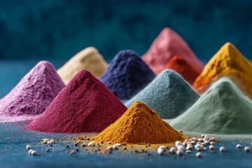 Colorful mineral powder piles on dark background symbolizing raw material diversity industrial pigments resource value and chemical processing for global manufacturing, Generative AI
