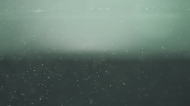 Abstract underwater scene with dust particles floating in deep green murky water. Soft light illuminates the top, creating a mysterious atmosphere