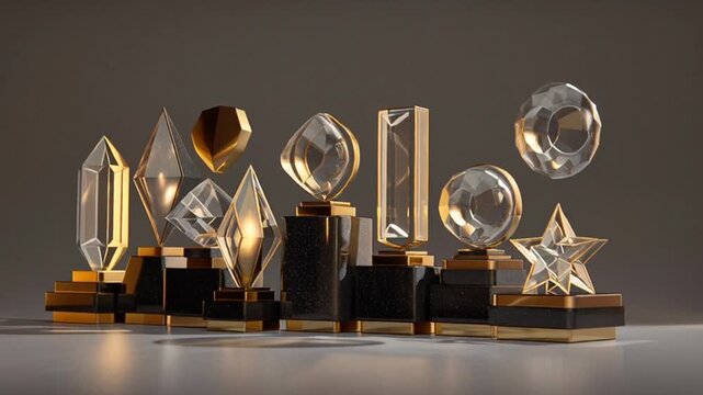 Elegant Awards and Trophies: Sparkling Crystal and Gold Designs in a Stunning Display
