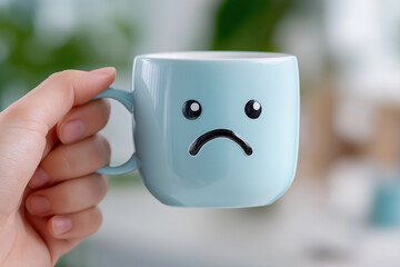 Hand holds light blue mug with sad face design on blurred office setting with greenery. Blue Monday concept