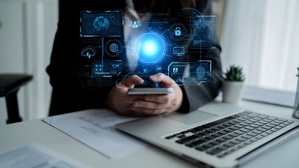 A futuristic command center interface for managing a global technology platform. The dashboard includes data security, network administration, and biometric user authentication. Fermion
