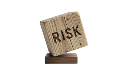 Balancing a Wooden Block Labeled RISK on a Small Base, isolated on white background