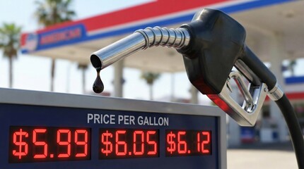 A black and silver gas pump nozzle dripping a drop of fuel over a digital display showing high price per gallon at an outdoor service station