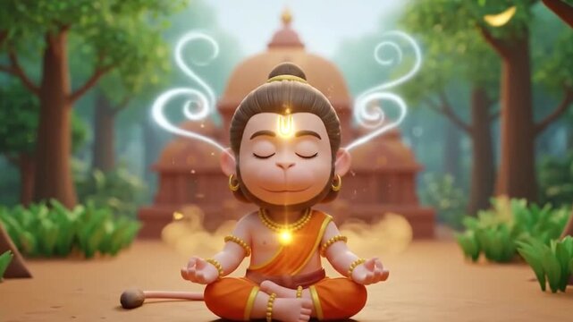 Animated Cartoon of a Meditative Child Monk Practicing Yoga in Forest Scene