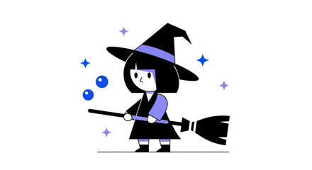 Cartoon witch illustration with broom and stars isolated on white background