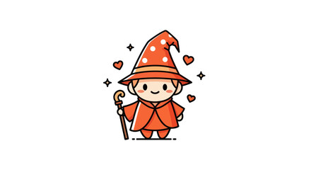 Cartoon wizard character in red outfit holding a staff with hearts