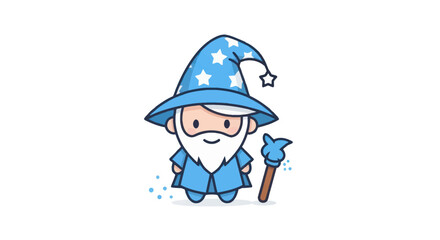 Cartoon wizard character with starry hat and magic wand on white