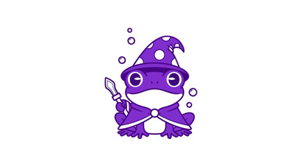 Cartoon wizard frog illustration with a magical wand and hat on white
