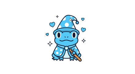 Cartoon wizard frog illustration with magic wand and hat on white background