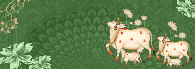 Pichwai, art, painting, lotus, background, Indian, wallpaper, interior, design, Talia, illustration, graphic, drawing, religious, culture, artwork, artistic, art deco, digital.Traditional design © Sanskritiethnic