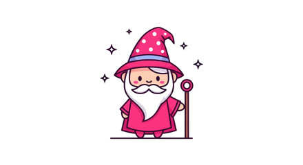 Cartoon wizard illustration pink robe and hat with starry background