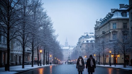 Obraz premium A couple walks down a snowy city street lined with bare trees and historic buildings on a cold winter evening.